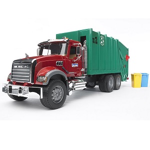 Bruder MACK-Granite vuilnisauto rood met groen, inclusief twee vuilcontainers
