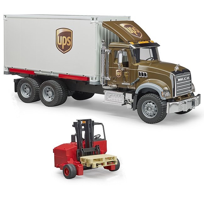 Bruder 02828 vrachtwagen Mack Granite UPS logistiektruck + vorkheftruck en twee pallets