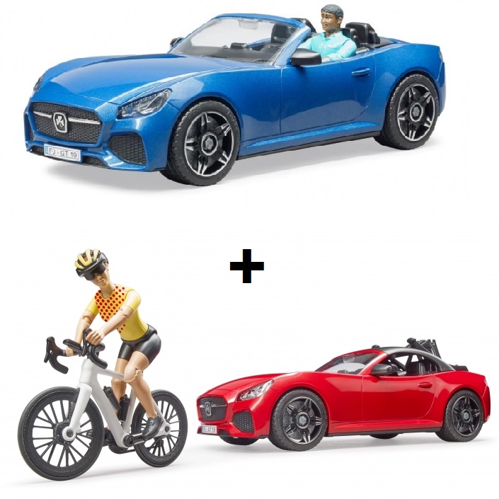 Super combi: 2 Bruder sportwagens met speelfiguren en wielrenfiets (aanbieding)