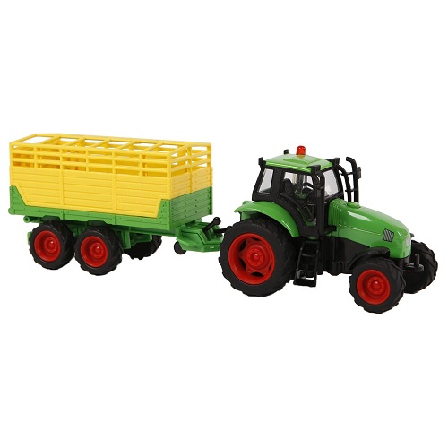Kids Globe 510653 tractor met licht en geluid, frictie-motor en geel groene aanhanger