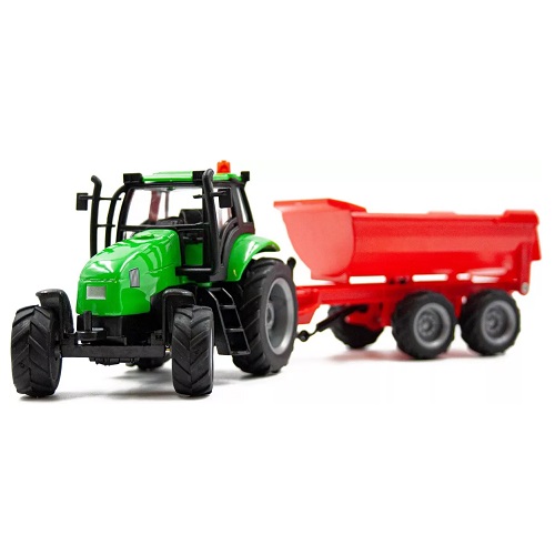Kids Globe tractor met licht en geluid, frictie-motor en rode halfpipe kiepaanhanger