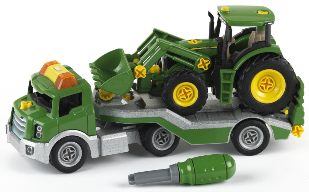 Klein John Deere 6215R tractor op voertuigtransporter